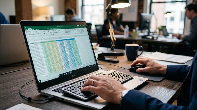 Tampilan close-up staf yang memasukkan angka per item biaya di layar spreadsheet