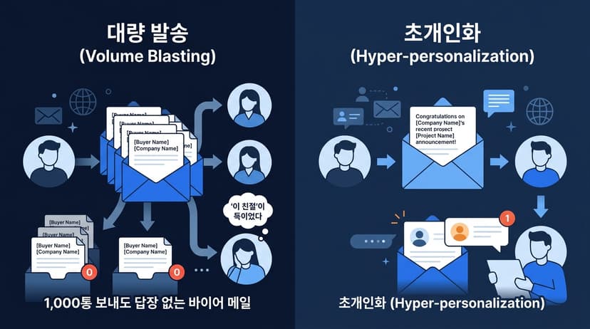 템플릿으로 대량 발송된 메일과 바이어의 최근 뉴스를 인용한 개인화 메일 비교, 라벨 Volume Blasting Hyper-personaliza…