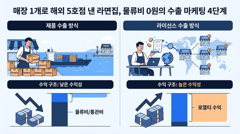 产品出口与授权出口收益结构对比图，涵盖物流费/通关费/特许权收益等标签