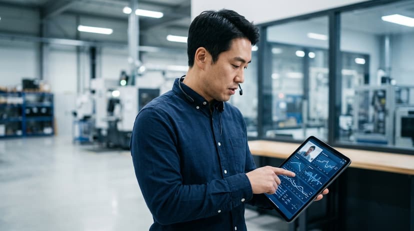 Manajer ekspor sedang melakukan audit virtual dengan buyer luar negeri sambil memeriksa data proses secara real-time di tablet