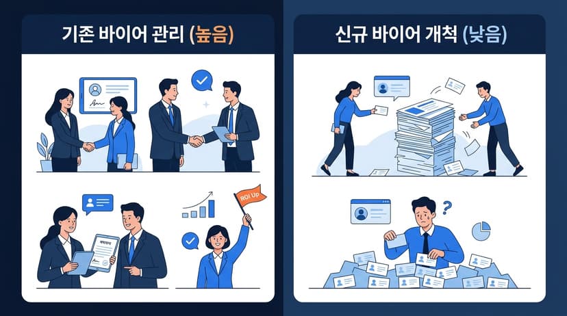 ตารางเปรียบเทียบประสิทธิภาพการลงทุน (ROI) ตามวัตถุประสงค์ของการเข้าร่วมงานแสดงสินค้า ป้ายกำกับ: การดูแลผู้ซื้อรายเดิม (สูง) การบุกเบิกผู้ซื้อรายใหม่ (ต่ำ)