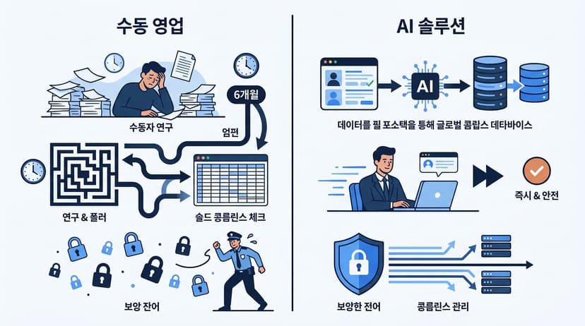 수동 바이어 리서치와 컴플라이언스 기반 AI 발굴 솔루션 도입 전후 소요 시간 및 보안 통제력 비교표