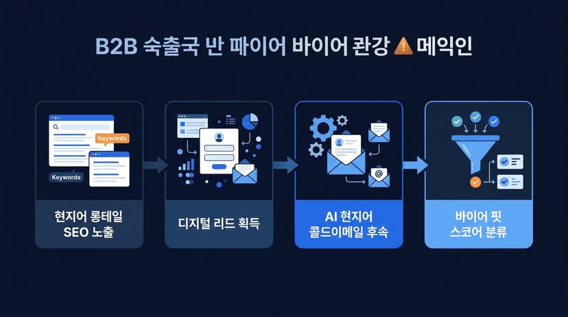 LATAM buyer discovery pipeline flowchart with labels: Localized long-tail SEO exposure -> Digital lead acquisition -> AI localized cold email follow-up -> Buyer Fit Score classification