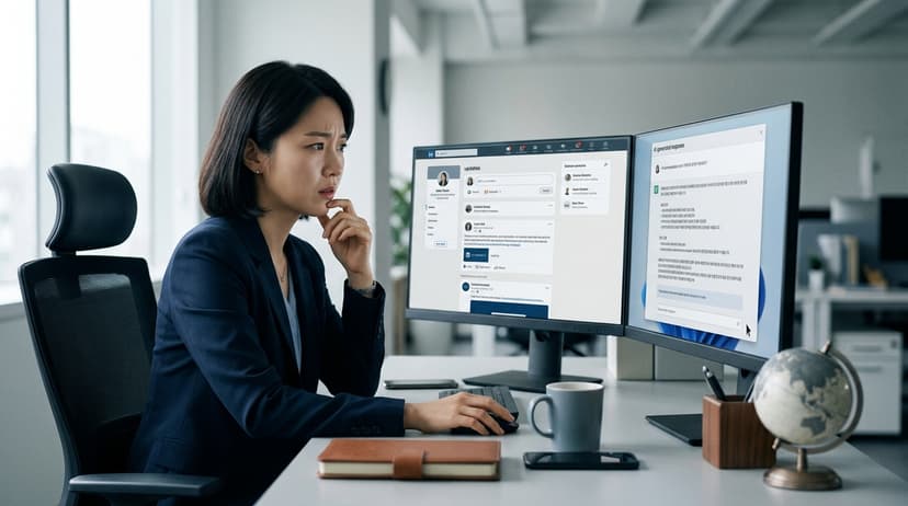 Staf penjualan ekspor yang menunggu dengan cemas sambil memeriksa jawaban AI di layar monitor setelah memperbarui LinkedIn