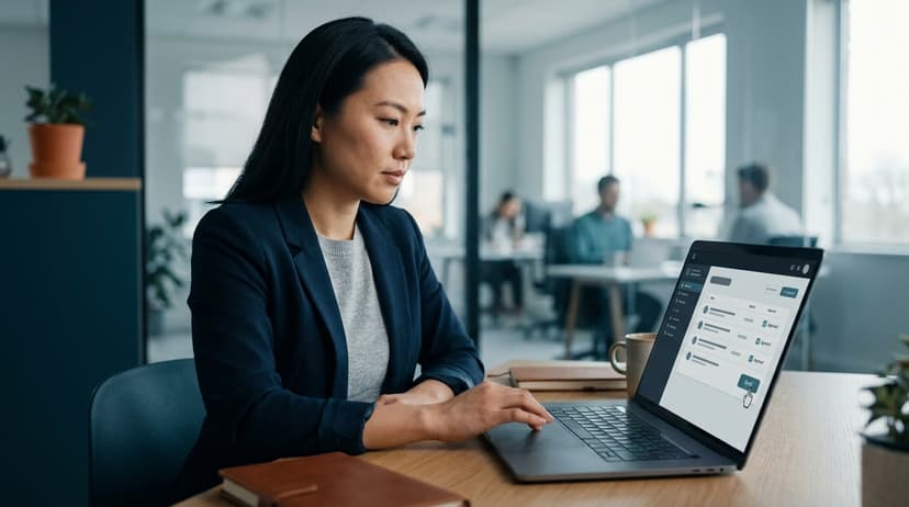 Staf ekspor menekan tombol kirim setelah meninjau dasbor persetujuan email yang intuitif di kantor