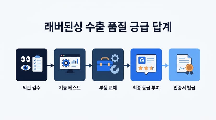 리퍼비시 수출 품질 등급화 단계, 라벨 외관 검수 기능 테스트 부품 교체 최종 등급 부여 인증서 발급