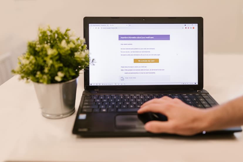 A buyer's hand looking down at a cold email inbox filled with repetitive AI-related phrases, with the cursor hovering near the delete button