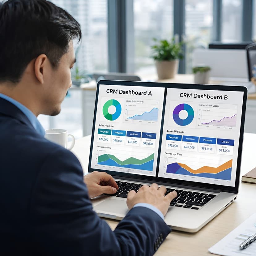A sales manager reviewing a CRM pipeline on a laptop, highlighting high-priority buyer leads, focused expression, office setting